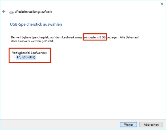 Größe des Wiederherstellungsdatenträgers ermitteln (USB-Stick) Größe des Wiederherstellungsdatenträgers ermitteln